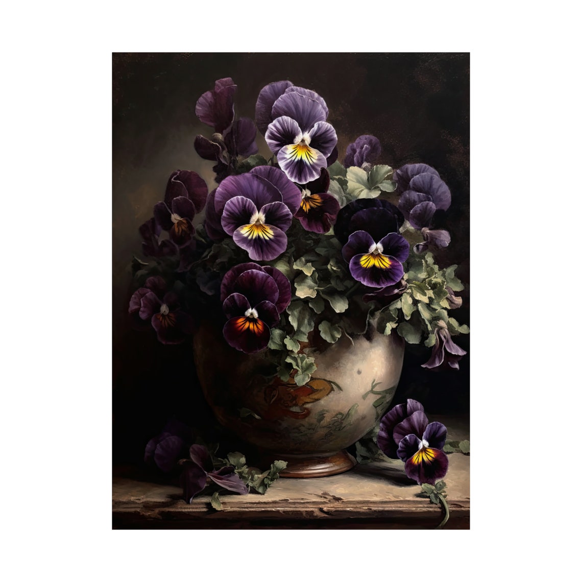 Deep Purple Pansy Flowers Ornate Vase Dark Moody Botanical Art Print - Image 4