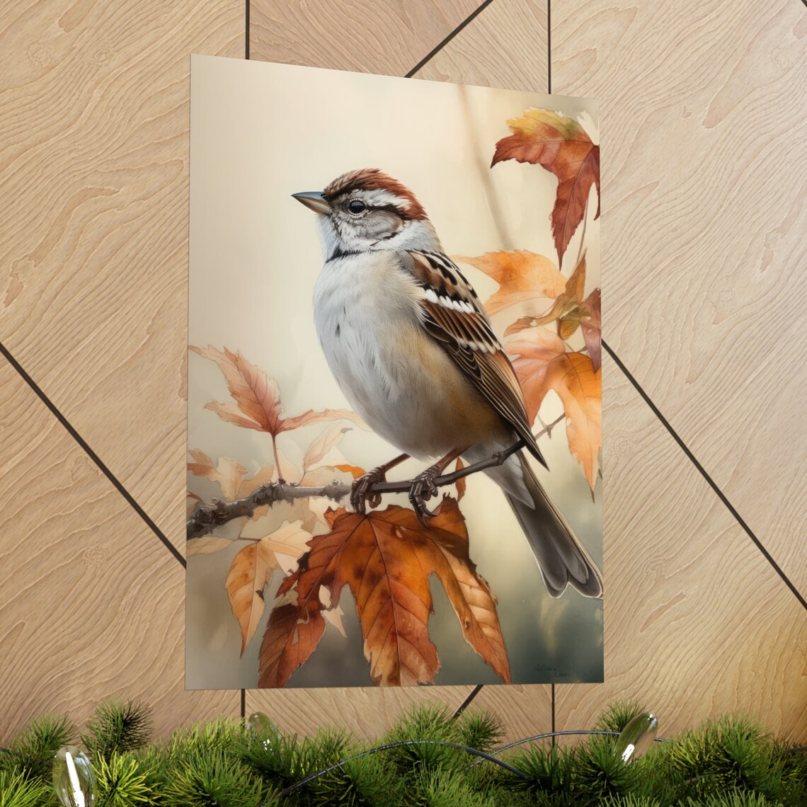 Chipping Sparrow On Autumn Leaves Branch Watercolor Bird Art Print - Image 2