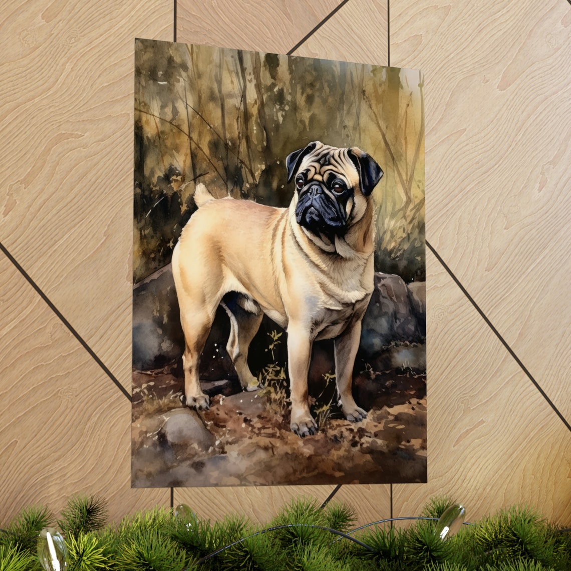 Fawn Pug Standing On Rocky Hillside Warm Watercolor Dog Portrait Print - Image 2