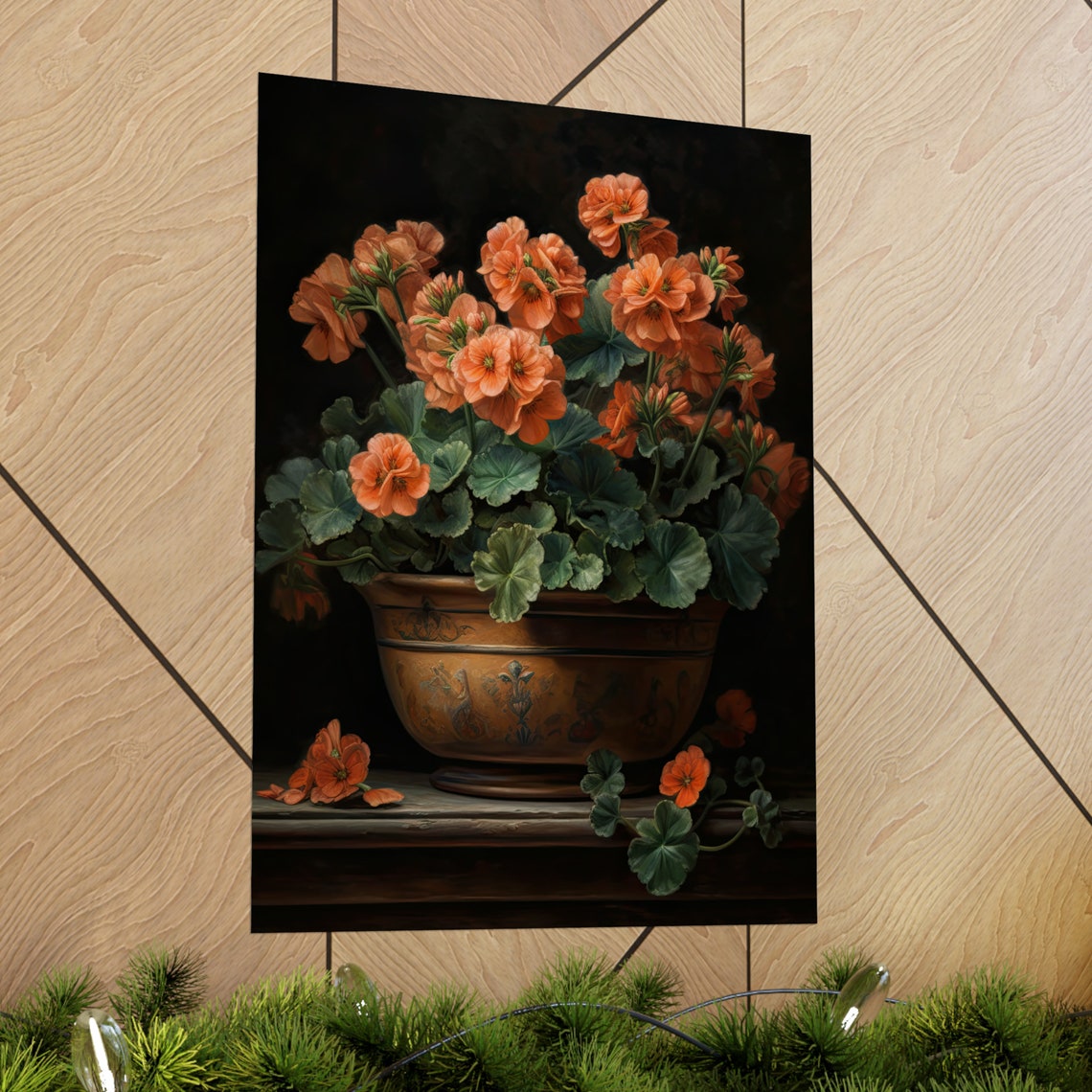 Peach Geranium Blooms Copper Pot Dark Vintage Still Life Art Poster - Image 2