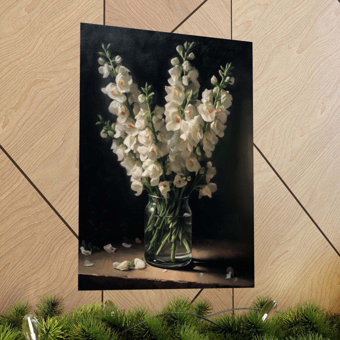 White Snapdragon Blush Throats Glass Vase Dark Still Life Poster - Image 2