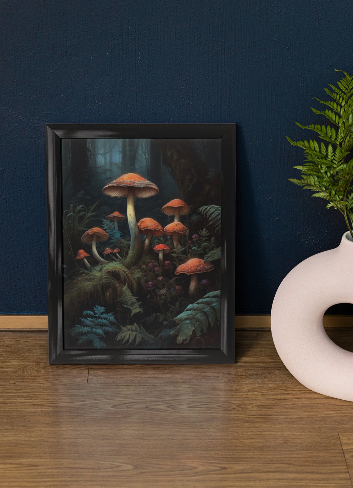 Gothic Red Cap Mushrooms Dark Teal Forest Floor Witchy Art Poster