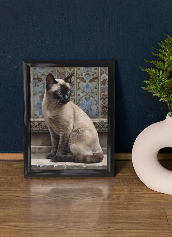 Siamese Cat Tiled Wall Blue Eyes Regal Feline Portrait Art Poster