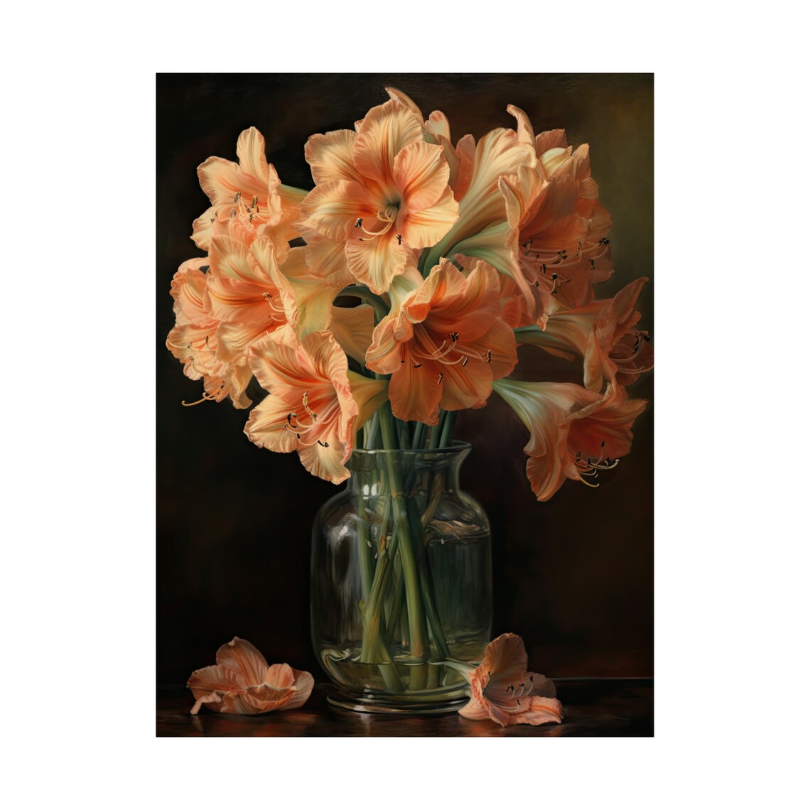 Apricot Amaryllis Blooms Dark Still Life Glass Vase Flower Art Print - Image 4