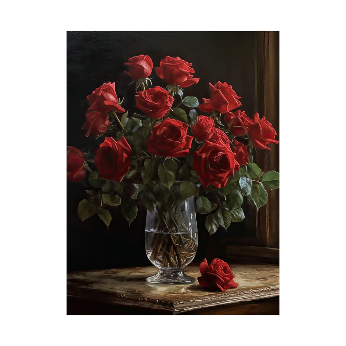 Red Rose Bouquet Crystal Goblet Vase Dark Classic Floral Art Poster - Image 4