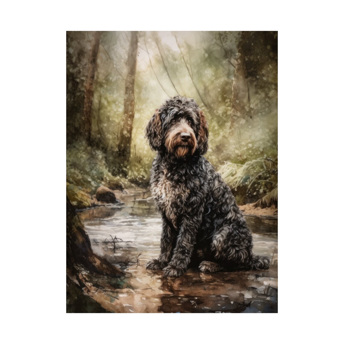 Spanish Water Dog Watercolor Portrait Sitting By A Forest Stream Print - Image 4