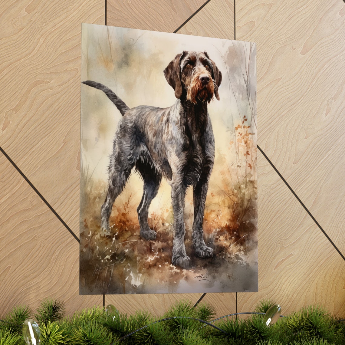 German Wirehaired Pointer Standing Autumn Field Watercolor Dog Poster - Image 2