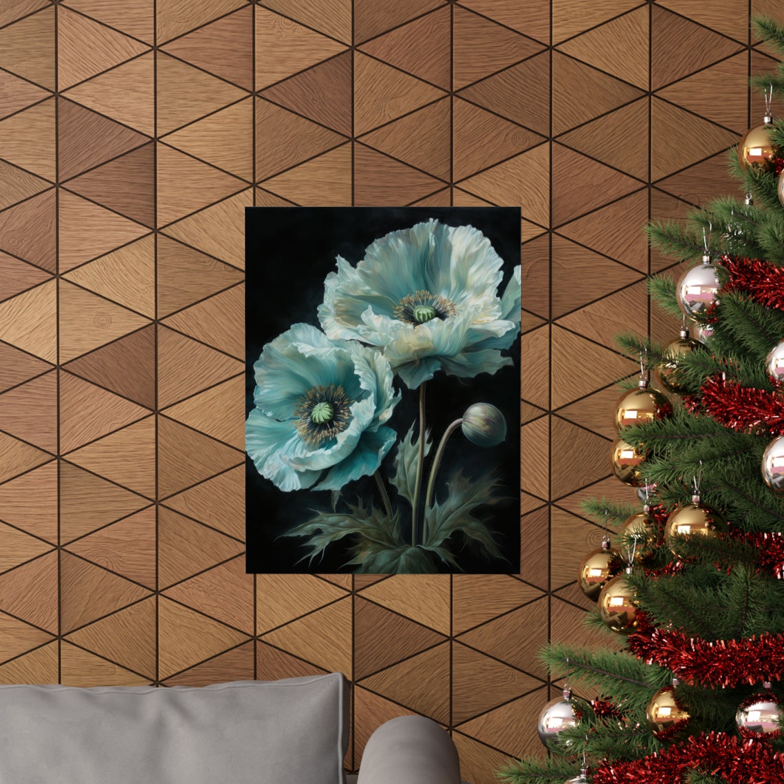 Light Blue Poppy Flowers Icy White Dark Background Painting Poster - Image 3