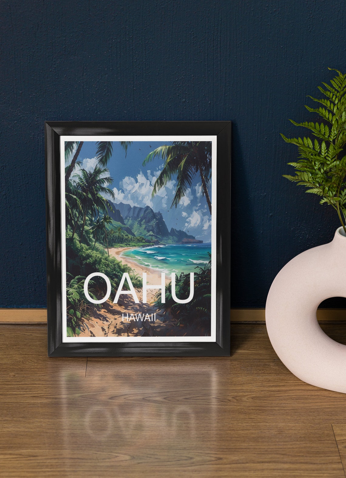 Oahu Hawaii Tropical Beach Palm Coast Mountain View Travel Poster