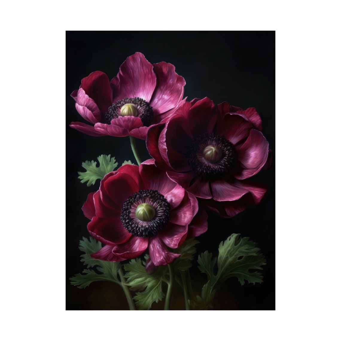 Burgundy Anemone Blossoms Dark Moody Botanical Still Life Art Print - Image 4