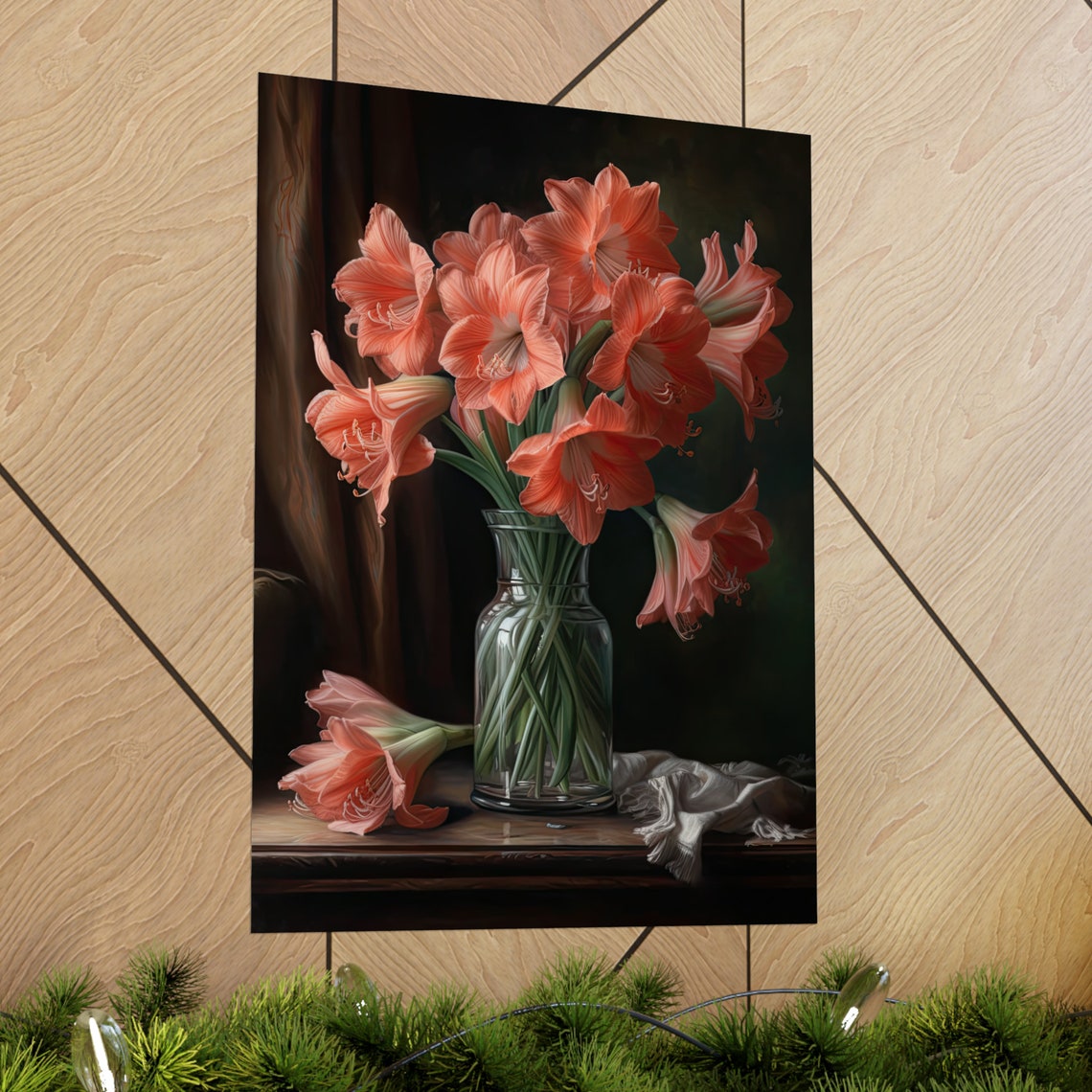 Salmon Amaryllis Flowers Dark Still Life Vase Table Art Print - Image 2