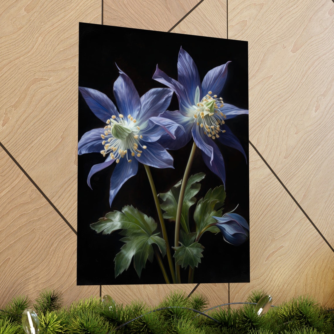 Blue Columbine Blossoms Dark Moody Botanical Floral Art Poster - Image 2