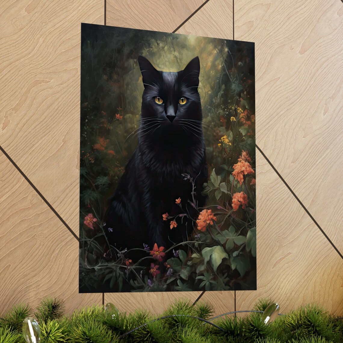 Black Cat With Golden Eyes In Moody Dark Garden Flowers Watercolor Print - Image 2