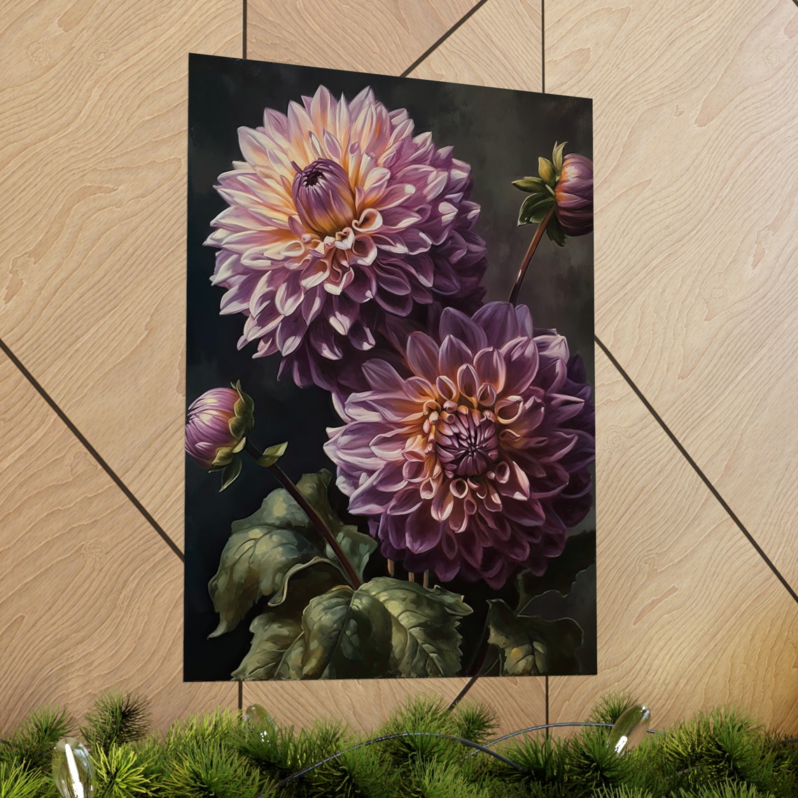 Lavender Dahlia Blooms Soft Blush Dark Floral Botanical Art Print - Image 2