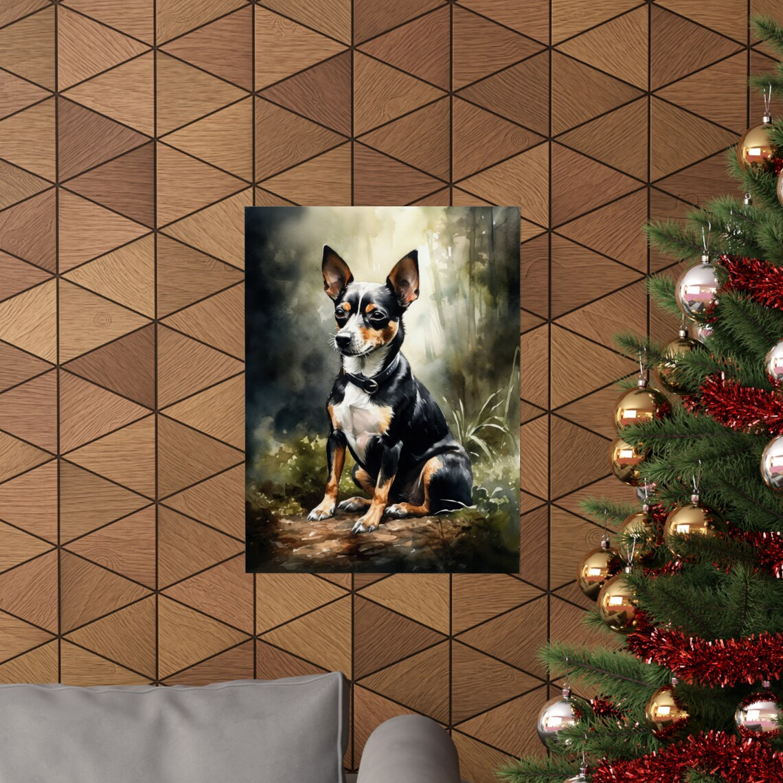 Rat Terrier Tricolor Sitting In Misty Woods Watercolor Dog Art Poster - Image 3