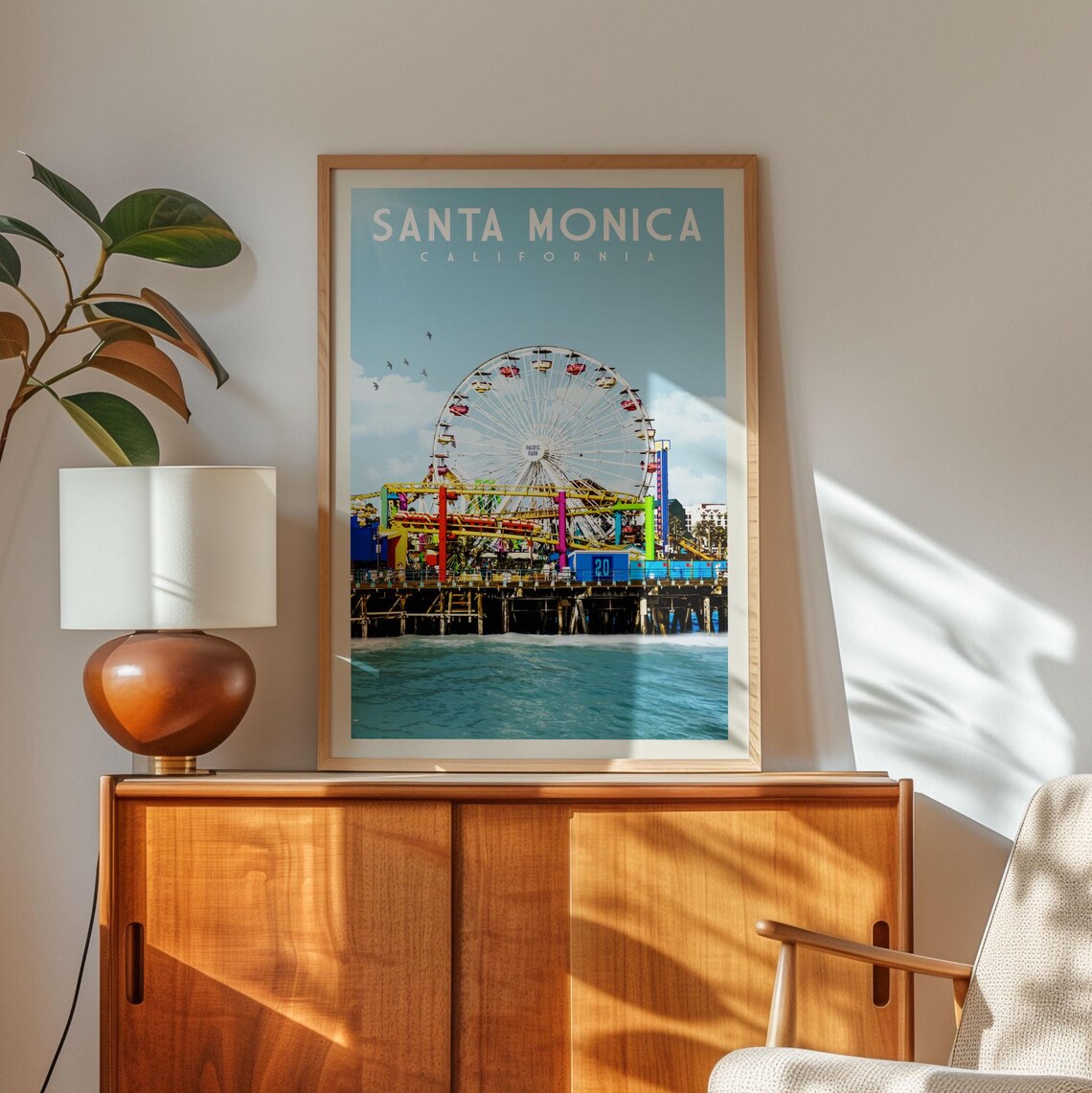 Santa Monica California Pier Ferris Wheel Beach Vintage Travel Poster