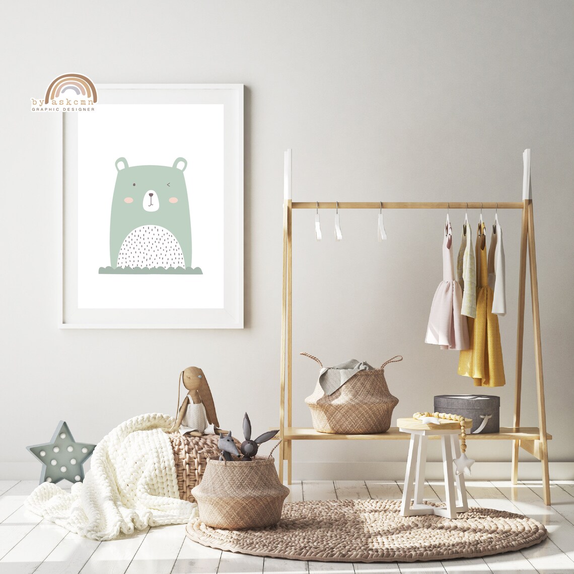 Sage Green Winking Bear Nursery Animal Minimalist Decor Poster - Image 3