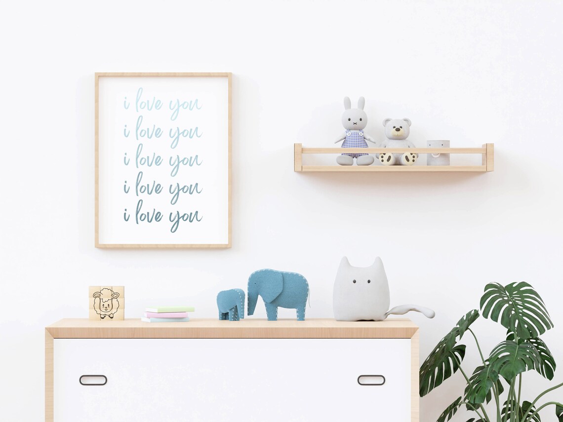 Blue Ombre I Love You Script Typography Nursery Bedroom Wall Art Print - Image 3