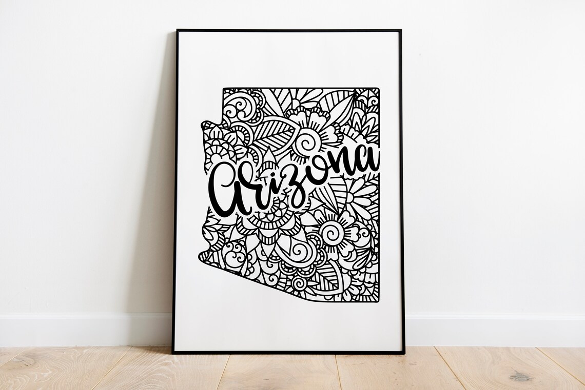 Arizona State Mandala Floral Zentangle Outline Black White Home Wall Art