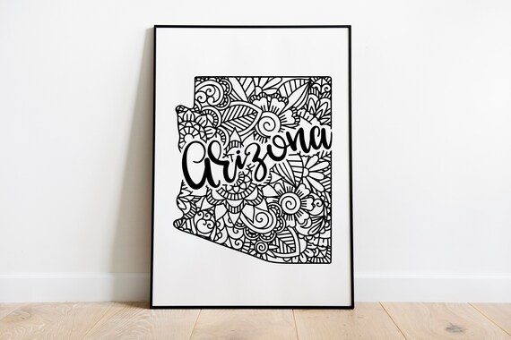 Arizona State Mandala Floral Zentangle Outline Black White Home Wall Art