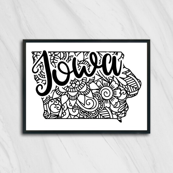 Iowa Floral Mandala State Outline Map Black White Home Decor Poster