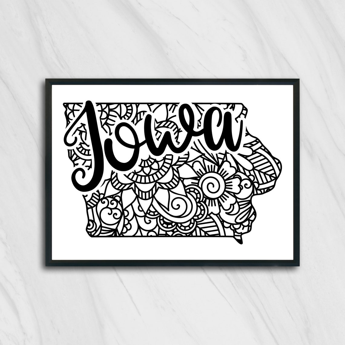 Iowa Floral Mandala State Outline Map Black White Home Decor Poster