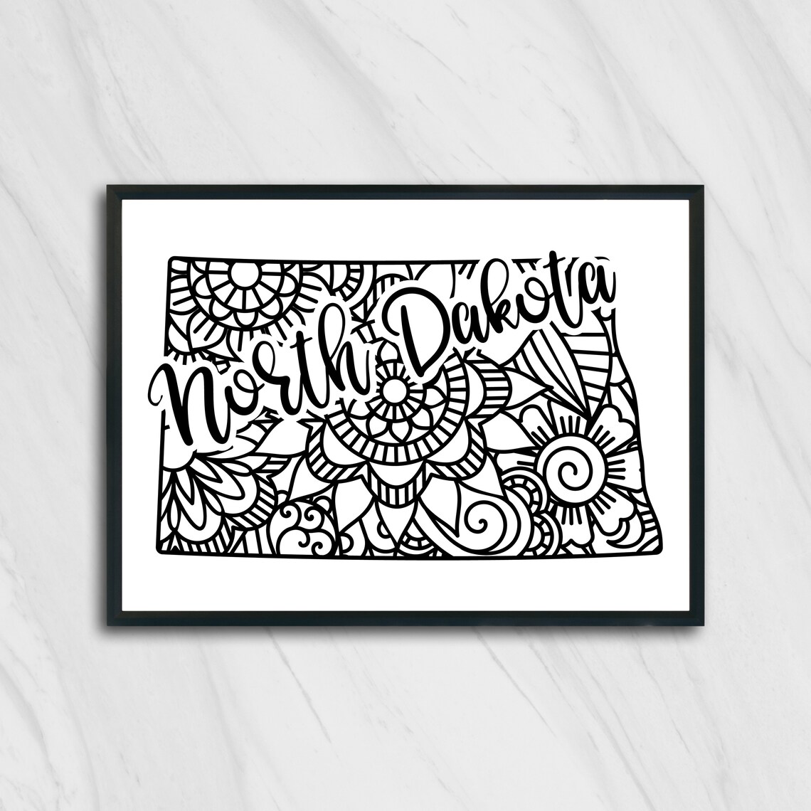 North Dakota Mandala State Outline Minimalist Black White Line Art Home Decor Poster