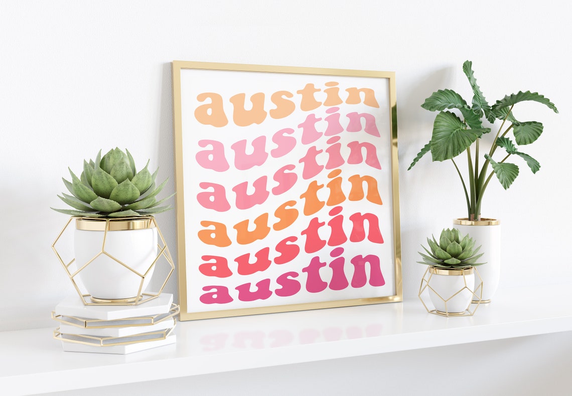 Austin Texas Groovy Retro Repeated Text Poster Peach Orange Fun Style - Image 2
