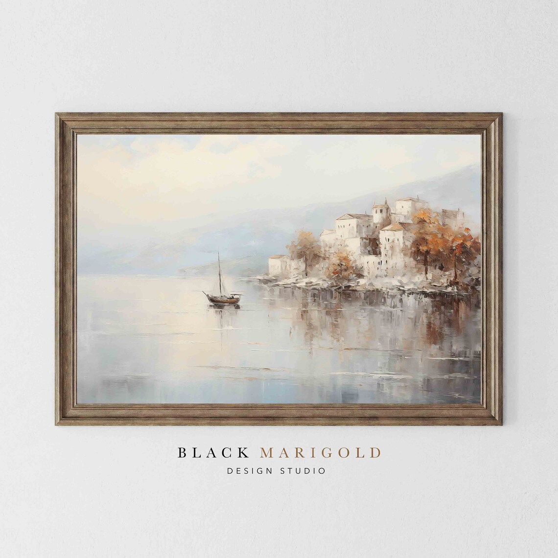 Old Stone Village on Rocky Shore With Sailboat Pearlescent Poster - Image 2