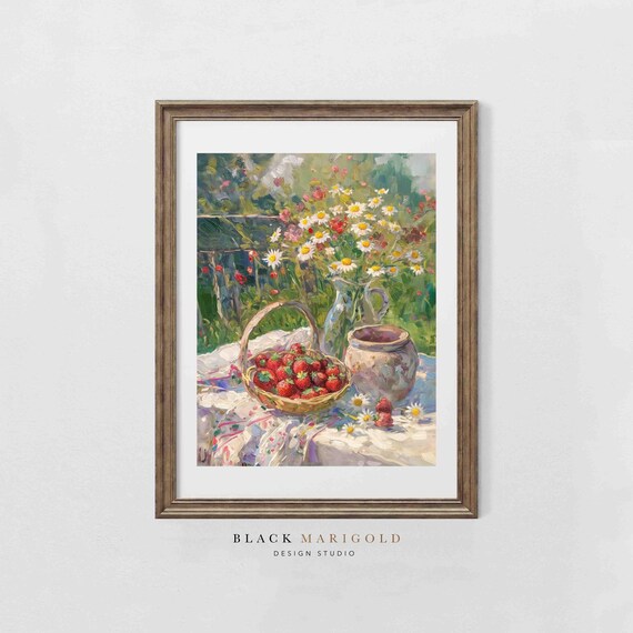 Spring Picnic Still Life With Strawberries and Daisies Poster