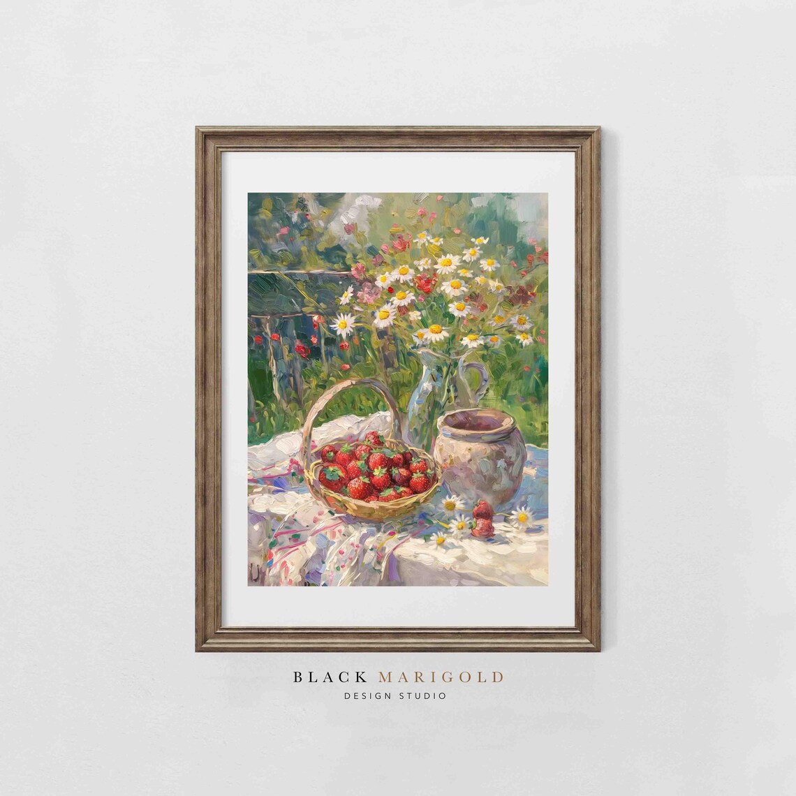 Spring Picnic Still Life With Strawberries and Daisies Poster