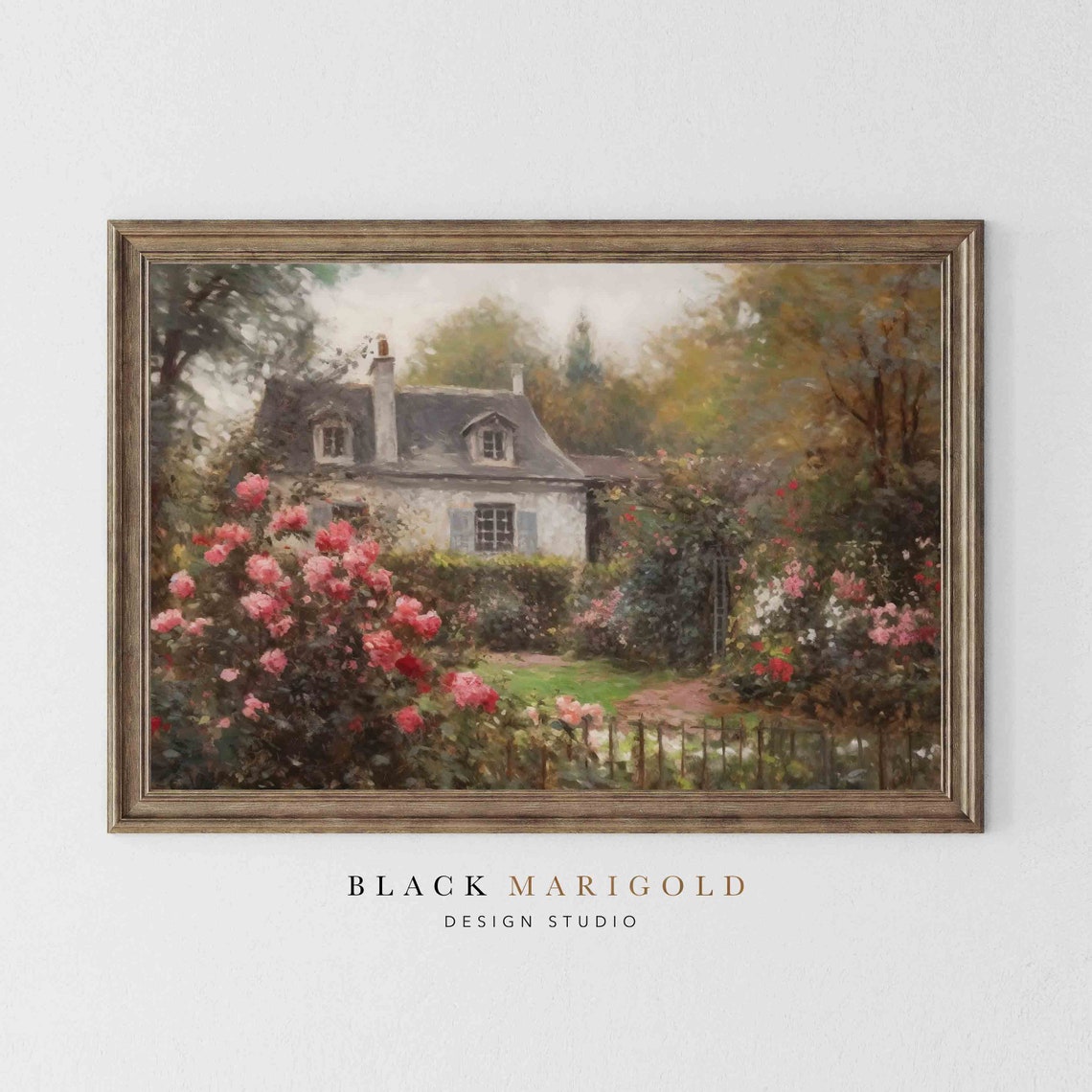 Stone Cottage Surrounded by Pink Roses Garden Vintage Poster