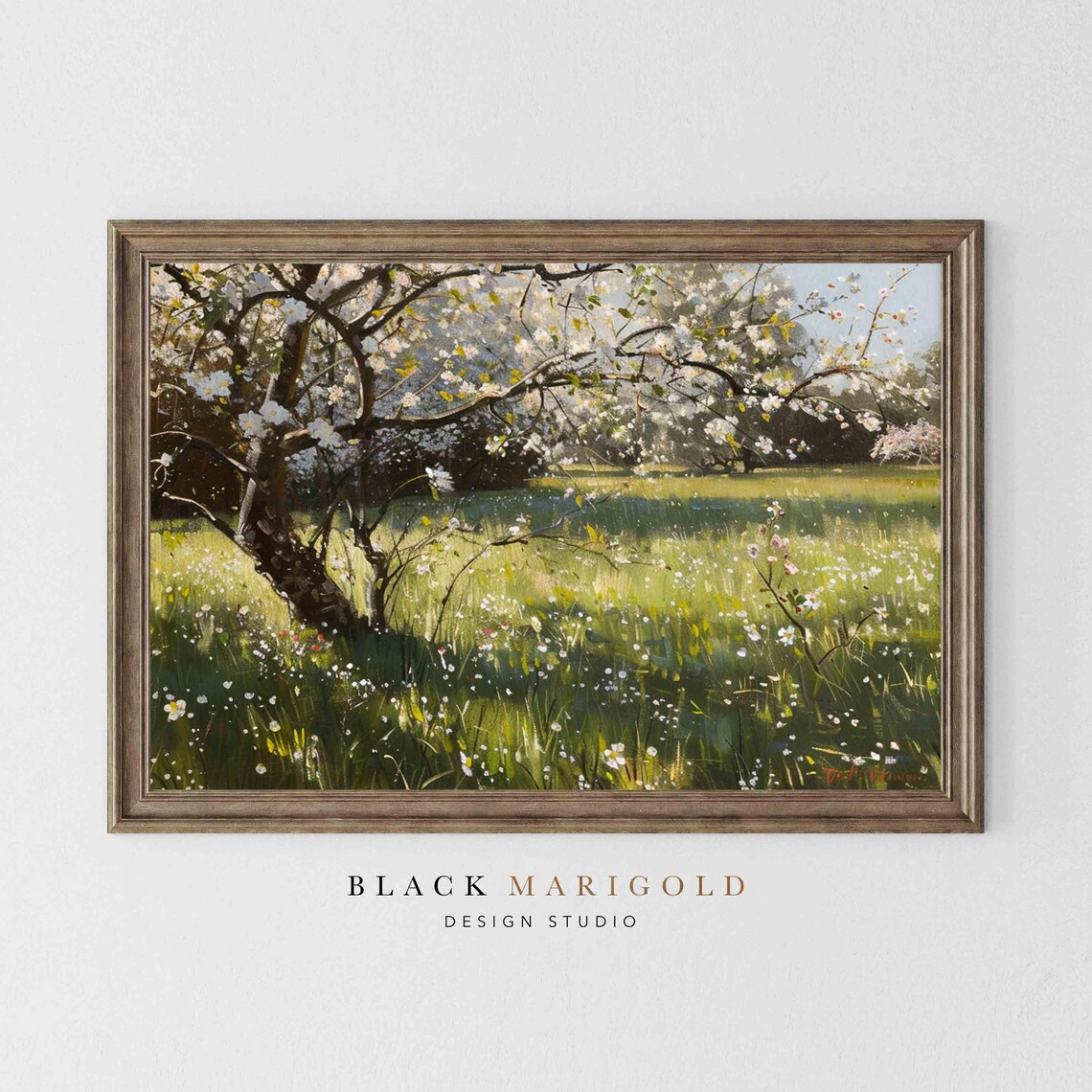 White Spring Blossoms Over Sunlit Green Meadow Vintage Oil Poster - Image 2
