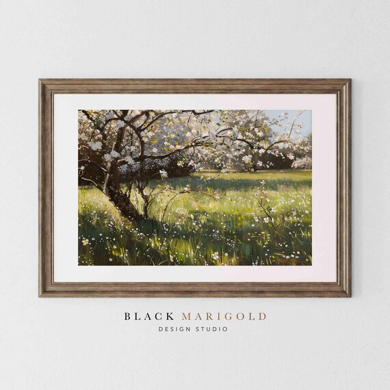 White Spring Blossoms Over Sunlit Green Meadow Vintage Oil Poster