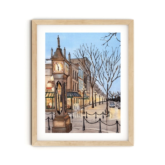 Vancouver Steamclock Watercolor Art Print Gastown Cityscape