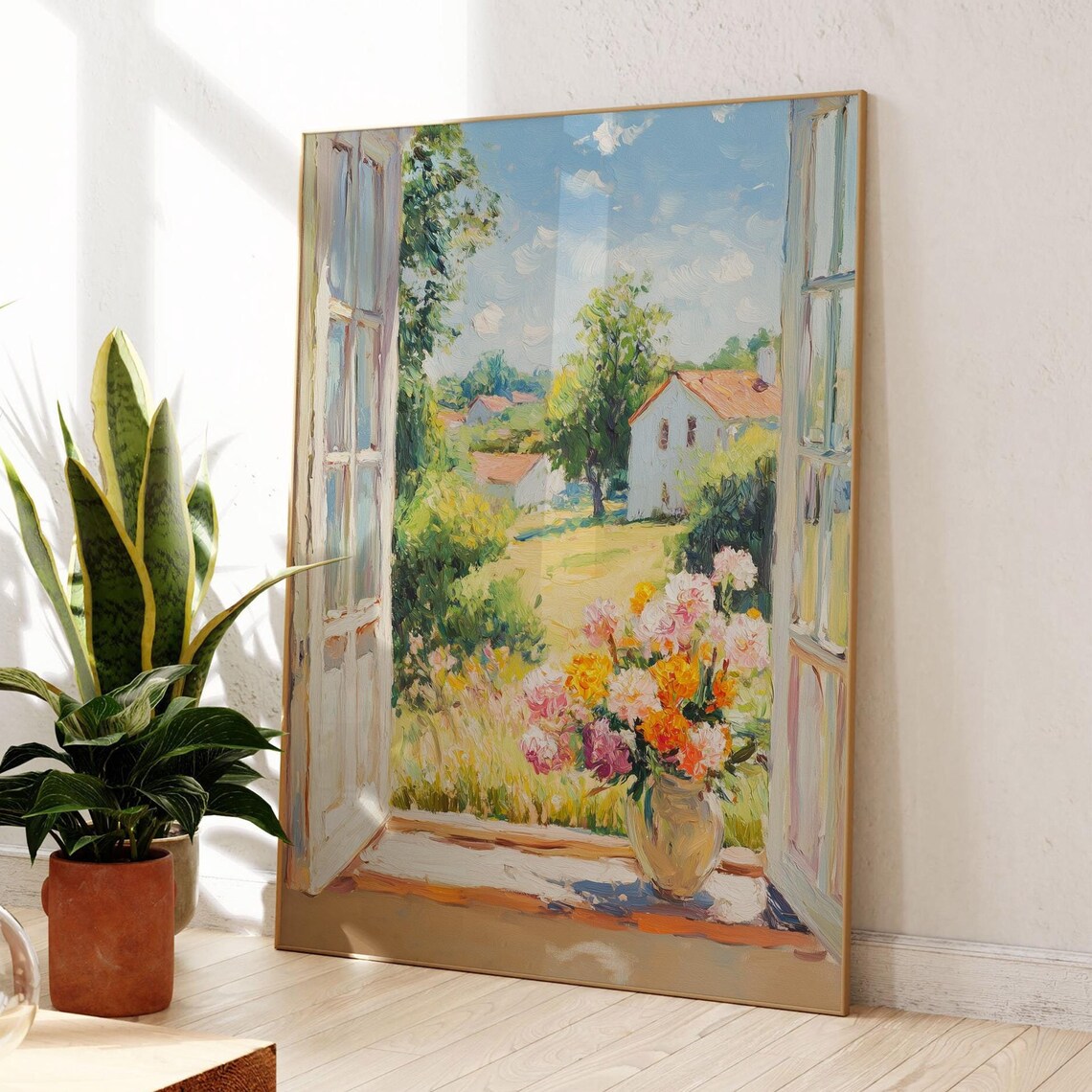 Open Window French Countryside Cottage Flower Bouquet Meadow View Poster - Image 2