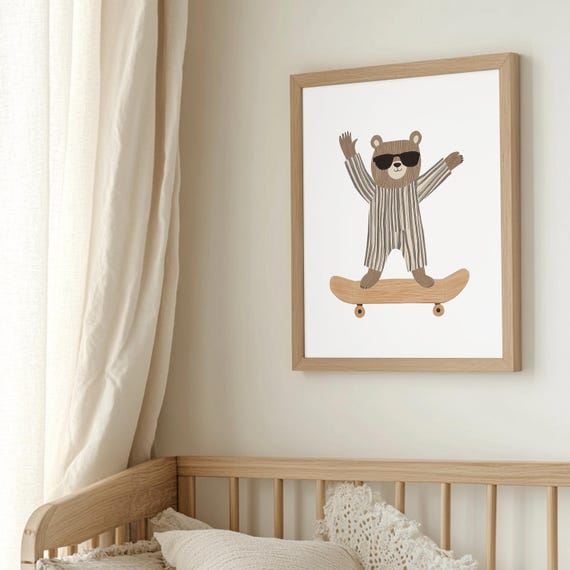Cool Skateboarding Bear Nursery Wall Art Playful Kids Room Print Retro Animal Decor Baby Arts Decorating