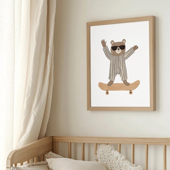 Skateboarding Bear Sunglasses Pajamas Nursery Kids Room Poster