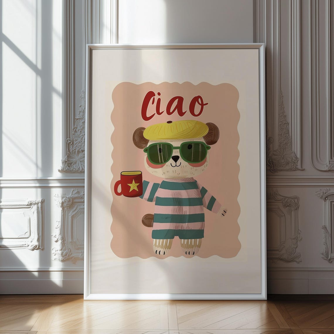 Ciao Teddy Bear in Yellow Beret Sunglasses Star Coffee Mug Poster