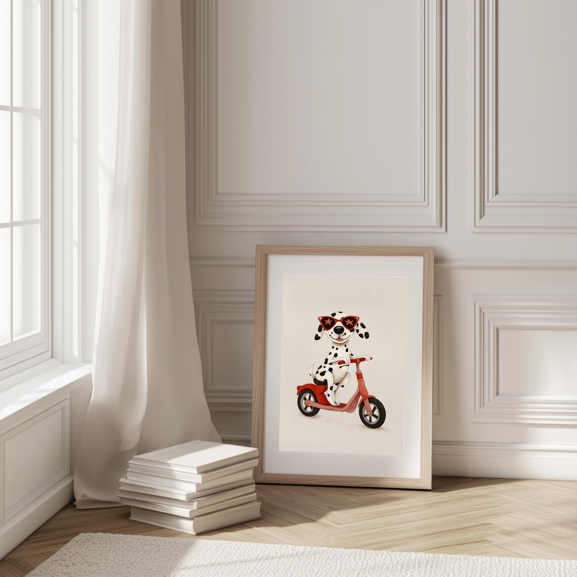 Dalmatian Puppy On Red Scooter With Star Sunglasses Kids Room Poster
