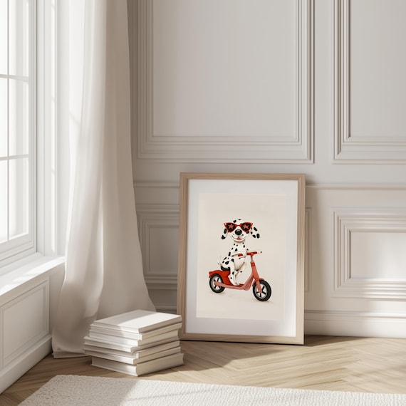 Dalmatian Puppy On Red Scooter With Star Sunglasses Kids Room Poster
