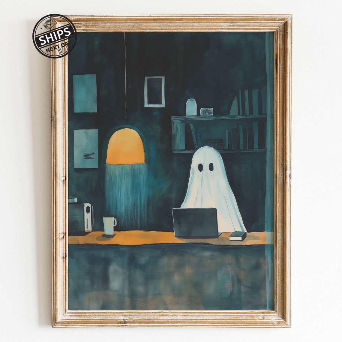 Cute Ghost Working Late on Laptop Moody Office Dark Academia Wall Art