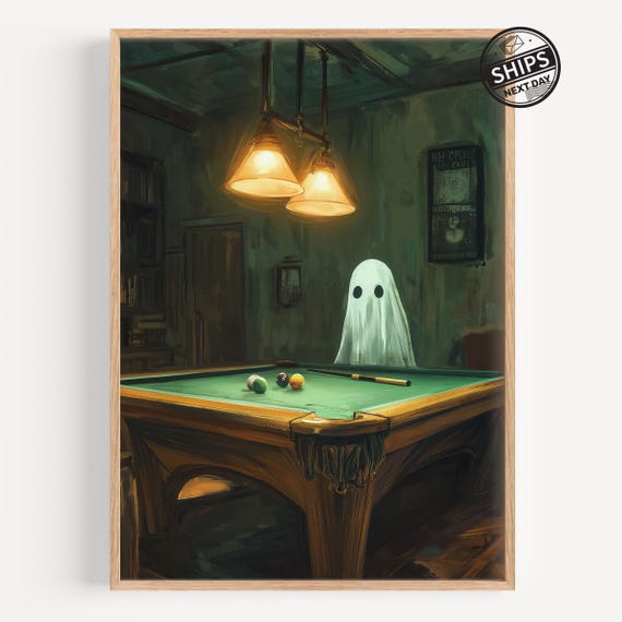 Spooky Pool Table Art Print Vintage Haunted Billiard Room Decor Whimsical Halloween Wall For Game Or Home