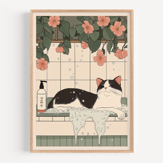 Japanese Black Cat Bathroom Botanical Floral Neutral Style Wall Art