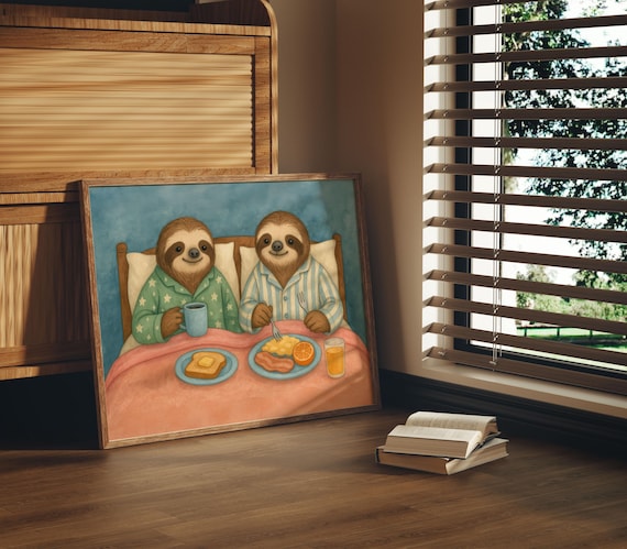 Sloth Wall Art Breakfast In Bed Poster Cute Animal Pajama Print Whimsical Funny Decor Cozy Gift For Nursery Bedroom