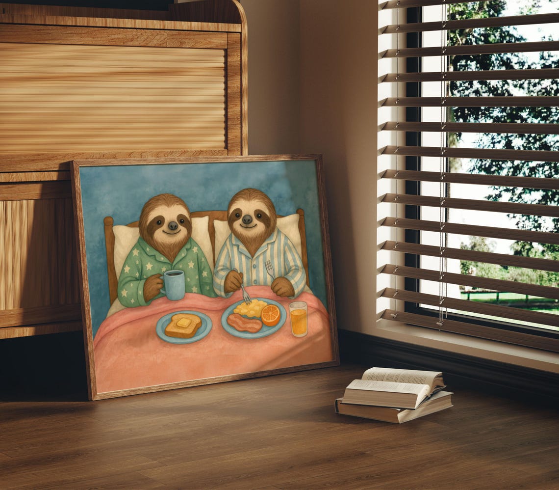 Cozy Cute Sloth Pair Breakfast in Bed Pajama Illustration Poster