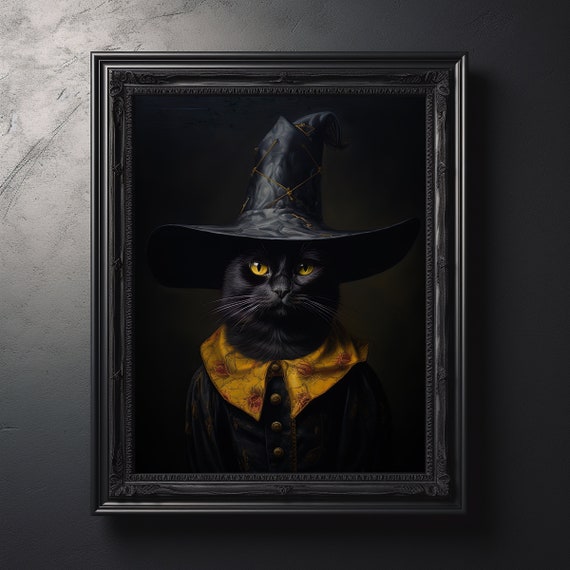 Black Cat Witch Art Print Halloween Gift Witchy Decor Gothic In Dress Dark Academia