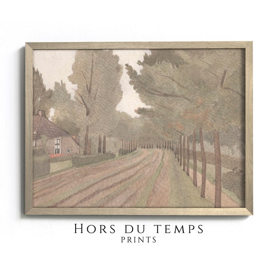 Muted Neutral Tones Green Landscape Vintage Village Road Wall Print Cottage Home Decor Art Hors Du Temps Prints