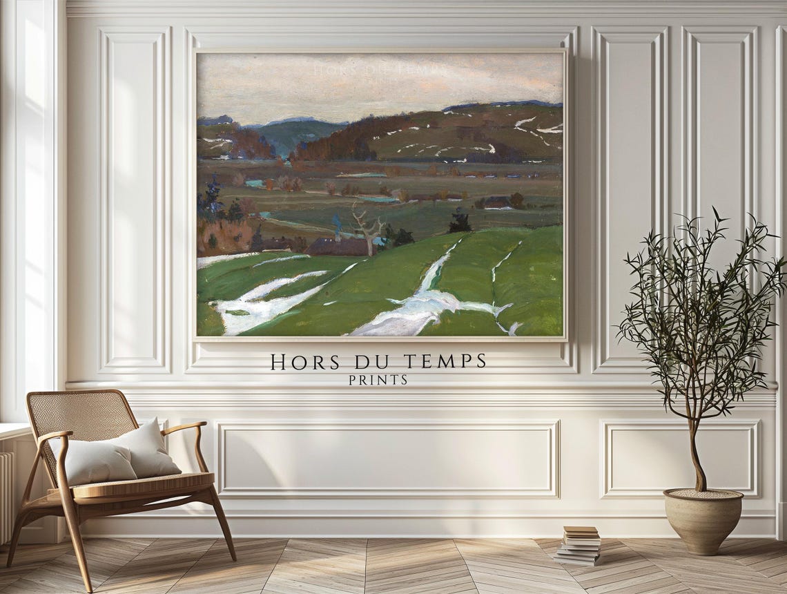 Spring Thaw on Green Hills with Village Early Spring Painting Poster - Image 2