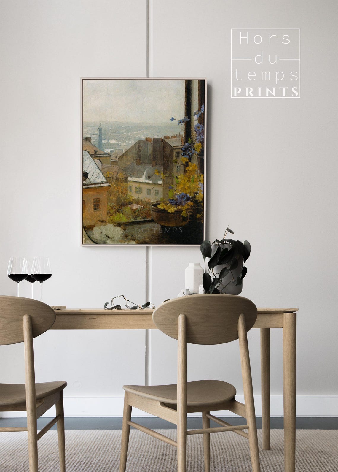 Vintage City Rooftops Window View Floral Sill Painting Poster - Image 2